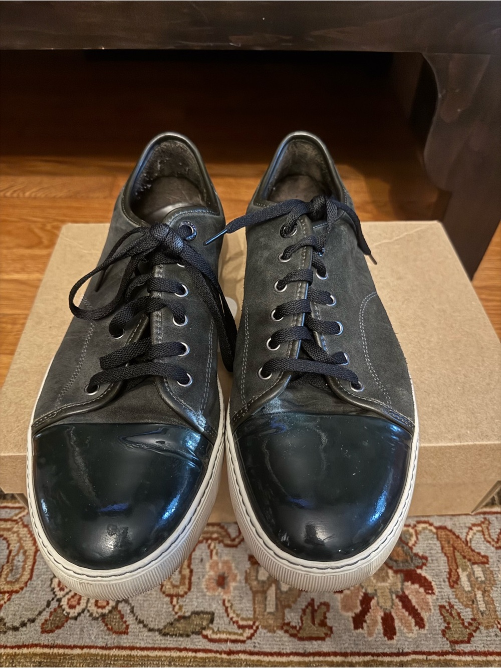 Lanvin Black and Gray Suede & Patent Leather Lace-Up Sneakers